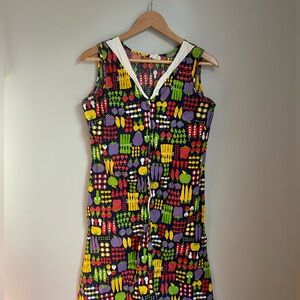 1960s‎ Vintage Veggie Fruit Print Midi Dress Small Prairie Granny Patchwork Folk